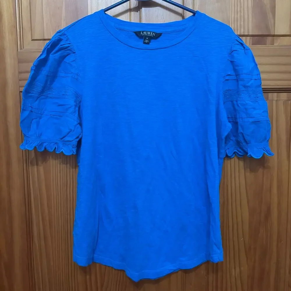 Lauren Ralph Lauren Blue T-Shirt with Fluffy Sleeves Size M
